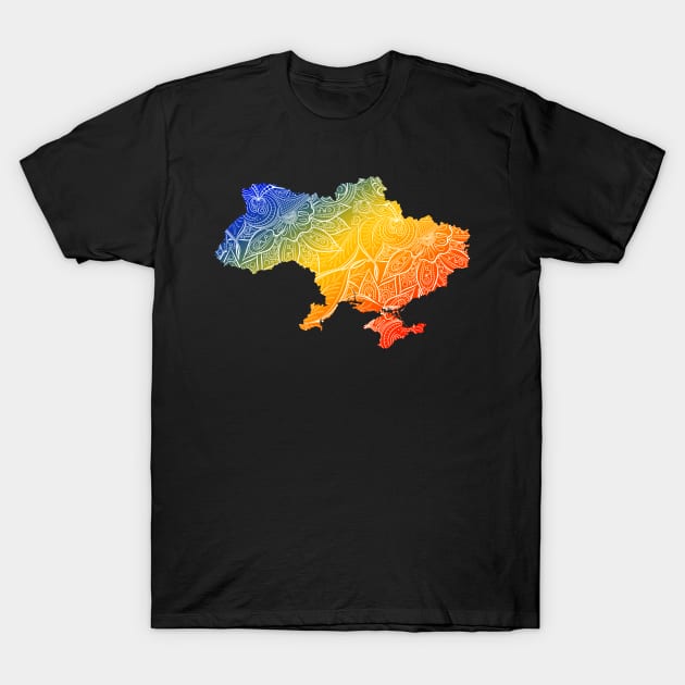 Colorful mandala art map of Ukraine with text in blue, yellow, and red T-Shirt by Happy Citizen